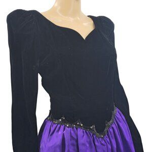 Jessica McClintock Gunne Sax Black Velvet & Purple Satin Long Sleeve Dress, Size
